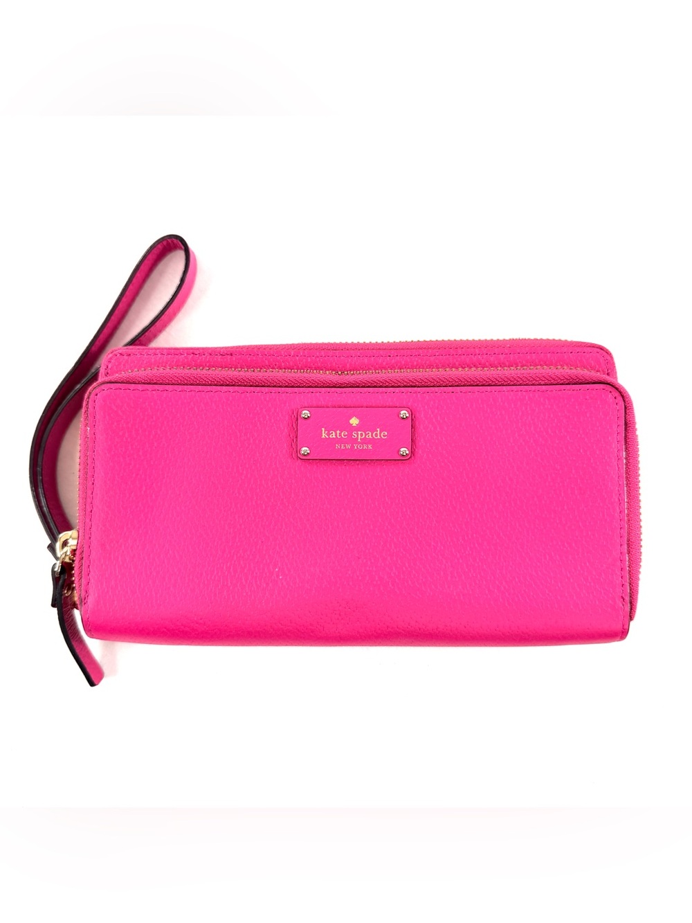Kate Spade Fuchsia Pink Leather Mini Bag Wallet Wristlet Strap Logo 2 Sections